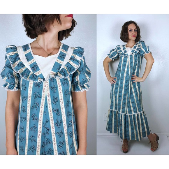 vintage 70s Blue STRIPED MuuMuu Maxi DRESS xs/s cottage core ruffles Hawaii boho - Picture 1 of 10